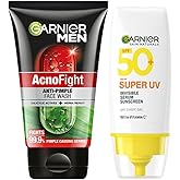 GARNIER Men Acno Fight Anti Pimple Face Wash 100g + Super UV Invisible Serum Sunscreen 30ml (2 Items in the set)