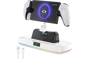 NEWDERY Base de carga para PS Portal, estación de carga portátil con luz RGB y cable tipo C, soporte de carga de conector magnético compatible con fundas para reproductor remoto PlayStation Portal