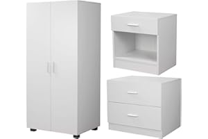 URBNLIVING Orlando 3 Piece Wooden Kids Bedroom Set Wardrobe Chest Cabinet Bedside Table (White)