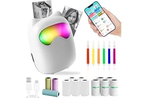 Zhwidnerso Mini Thermal Printer with 13 Rolls Paper, Wireless Bluetooth Portable Sticker Printer for Phone, Pocket Printers Compatible Android/iOS Notes,List,DIY,5 Colored Pens (M7-White)
