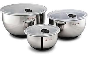 HexClad Zestaw misek do mieszania ze stali nierdzewnej, 3-częściowy z pokrywkami próżniowymi i antypoślizgową podstawą, miski 1,3, 3 i 5 l