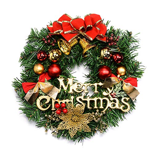 Mogomiten Luxe 'Merry Christmas' Santa Couronne, pin Guirlande de Houx avec nud Doré, Cloches, Arbres Boule, Poinsettia - à Suspendre Porte/décoration Murale pour Noël