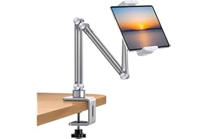 nediea Tablet Stand Holder For Desk, Adjustable Tablet Stand With Clamp Mount, 360° Rotation Aluminum Tablet Stand Compatible With 4-12.9 Inches Devices, Universal For Desk/Bed/Kitchen/Office (Silver)