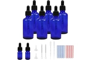 Reyshin 50ml Glass Dropper Bottles, 6 Pack Blue Glass Bottle with Dropper Pipettes Refillable Sample Dropper Bottle for Essential Oil Massage Aromatherapy Eye Drops(50ml blue)
