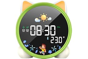 LEMNOI Reveil Enfant Réveil Educatif Jour Nuit 5 Couleurs Reveil Digital Lumineux LED Lampe de Chevet Tactile Enfant avec Musique,Double Alarme,Température,Fonction Snooze (Vert)