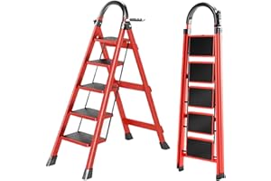 K IKIDO Escabeau pliable avec rampe, 5 marches - Antidérapant, Facile à ranger, Larges marches, Convient pour la cuisine, le ménage et le foyer, Capacité de charge jusqu'à 150 kg (Rouge, 5 marches)