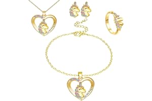 GENERIC Einhorn Schmuckset Mädchen Funkelndes Kristall Kinderschmuck Set Süße Charm Anhänger Halskette Armband Ring Ohrringe Schmuck Set Einhorn Geschenke für Mädchen Kinder Damen