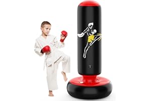 QPAU Larger Stable Punching Bag for Kids, Tall 66 Inch Inflatable Boxing Bag, Gifts for Boys & Girls Age +6 for Practicing Karate, Taekwondo, MMA and to Relieve Pent Up Energy in Kids and Adults