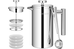 Velaze 1L / 35oz 8 Cups French Cafetiere Coffee Pot, French Press with Stainless steel,Double Wall Tea Maker, with 1 Coffee Spoon and 5pcs Additional Replacement Filter Screen