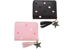 YqsIbth Girls Purse - 2PCS Cute Slim Short Small Wallet with Embroidery Hearts, PU Purses for Women and Teens with Tassel Zipper (Black & Pink)