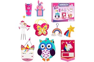YANGUN Kids Sewing Kit, Sewing Kit for Kids, 9 Pcs DIY Crafting Animal Felt Plushie, Craft Kit Arts DIY Animal Unicorn Owl Butterfly, cat, Rabbit, etc. Fun Educational for Beginner Girls Ages 5-12