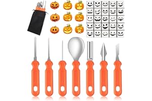 DELAIHUIL Halloween Kürbis Schnitzset Kinder Erwachsene 7Pcs Schnitzwerkzeug Kürbis 24pcs Halloween Kürbis Schablonen Diy Kürbis Schnitzen Werkzeug Mit Tragetasche Kürbisschnitz Set Orangepumpkin Carving Kit