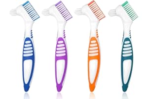 MORJCG 4Pcs Denture Brush, Retainer Brush, Denture Toothbrush, Portable Denture Cleaning Brush, Double Bristle Head Denture Brush, False Teeth Brush for Cleaning Retainers (Blue, Purple, Green,Orange)
