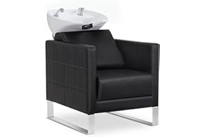 Barberpub Sedia da barbiere con lavandino, base in acciaio inox, lavandino da barbiere in ceramica regolabile, postazione di lavaggio da barbiere 8611 (Bianco/Finta Pelle)