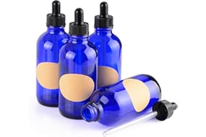 stonylab 120ml (4 oz) 4-Pack Frasco Gotero de Vidrio, Botella Cuentagotas de Vidrio Vacío Azul con Vidrio Cónico y Etiqueta, para Fragancias de Aromaterapia de Aceites Esenciales
