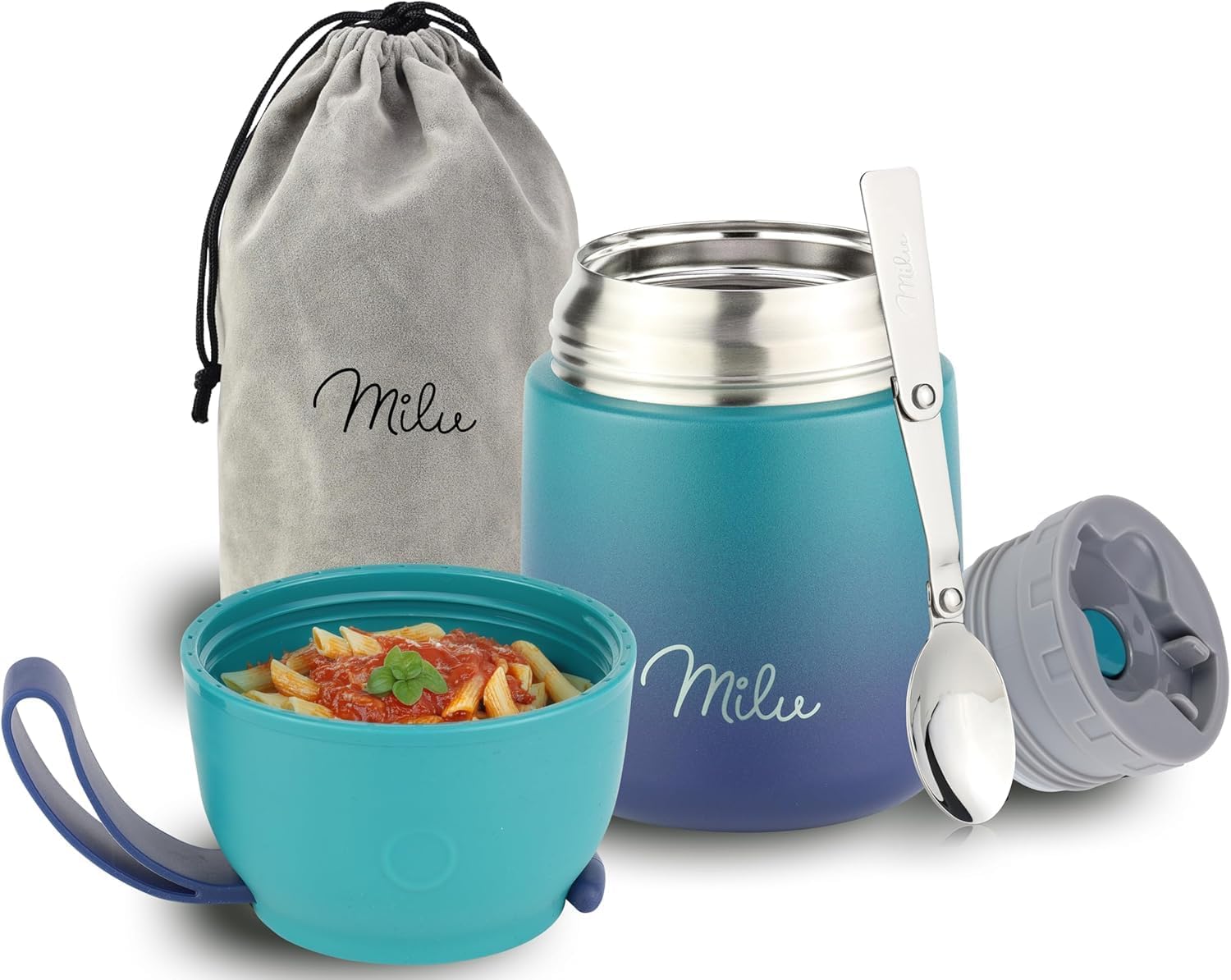 Milu Termo para Comida 450 ml Taza Aislada, Botella de Acero Inoxidable Aislada Alimentos, Beber y sopa de los niños de adultos Térmico (450ml/Verde Azul)