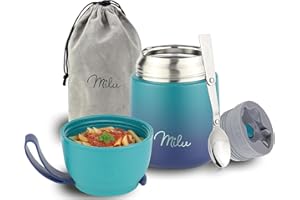 Milu® Thermo Food Flask 450ml - Stainless Steel Insulated Container - Lunchbox - Jar with Spoon for hot and Cold Food (Green Blue, 450ml)