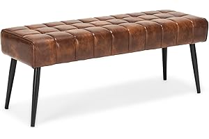 LUE BONA Sitzbank mit Linienmuster, 113 cm Kunstleder getuftete Polsterbank, Metallbeine Bettbank, Sitzhocker für Schlafzimmer, Wohnzimmer, Rotbraun