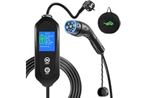 Yigowyigo 8 Mètres Chargeur Voiture Electrique 16A, 3.68kW EV Chargeur Type 2 avec Ecran, 6/8/10/13/16A Courant Commutable, 0-12H Programme, IEC 62196-2, Cable Recharge Véhicule Electrique avec Sac