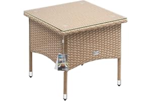 CASARIA® Square Poly Rattan Garden Coffee Side Table | Weatherproof With Glass Top | 50x50x45cm | Height Adjustable Feet | Indoor Outdoor Patio Terrace Balcony Conservatory Furniture | Beige