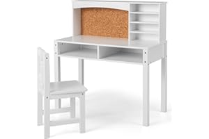 Maxmass Kids Table and Chair Set, Wooden Activity Table with Bulletin Board, 4 Layers Book Shelf and 2 Large Drawers, Children Writing Study Desk and Chair for Drawing, Reading, Learning (White)