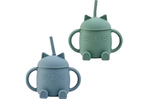 amo nenes 2 bicchieri in silicone per bambini, con cannucce e manici, per bambini, senza BPA, per microonde e lavastoviglie, colore: blu e verde