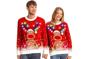 Kouric Pull Moche de Noel Femme Homme,Pull de Noel Lumineux LED,Unisexe Pulls de Noël Drole,Pull Noel Moche Couple Assortis,Pull Noel Famille Hiver Chaud Col Rond
