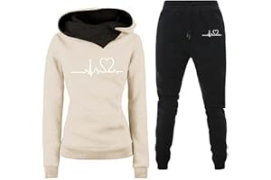 GÉNÉRIQUE 2 Pièces Jogging Femme Ensemble Hiver Sport Pantalon Et Sweat à Capuche Grande Taille Chic Et Elegant Imprimé Heartbeat Femme Vêtement De Sport