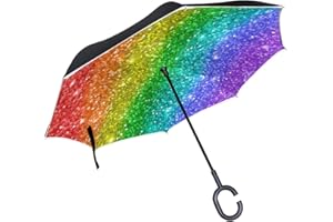 Mnsruu Regenschirm, umgekehrt, Regenbogen-Glitzer, doppellagig, groß, gerade, UV-Schutz, winddicht, Reise-Regenschirm mit C-förmigem Griff