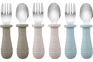 PandaEar Ensemble de Couverts pour Bébé, Lot de 6 Cuillères et Fourchettes pour Enfants, Acier Inoxydable 18/8 et Silicone de Qualité Alimentaire, Ensemble de Couverts pour Enfants (Marron/Noyer/Bleu)