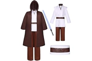 GEPLAIMIR Jedi Kostüm für Herren mit Blau Lightsaber, Obi Wan Kenobi Tunika Kapuzenmantel Outfit Umhang mit Kapuze Mittelalterlich Hoodies Jedi Robe Cosplay Set für Männer Halloween Karneval G058