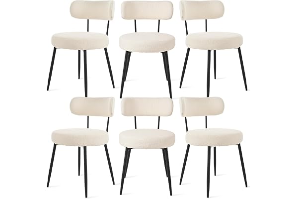 Bon Furni Matrumsstolar, uppsättning med 6 bouclé teddy-tyg, vadderade matstolar, moderna köksstolar utan armstöd med metallben, beige, bekväma stoppade stolar för matsal och kök