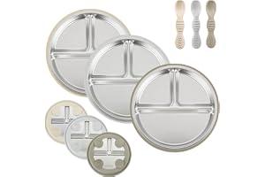 PandaEar Set med 3 barntallrikar i rostfritt stål med sugkopp och 3 x BLW-matskedar, gryn för spädbarn och barn, BPA-fri delad tallrik
