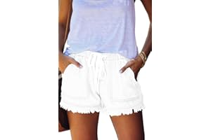 HVEPUO Short d'été, large, pour femmes, en coton et lin, avec ceinture élastique