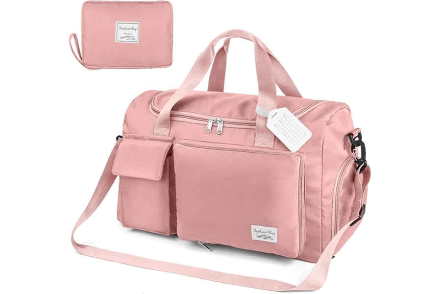 Duffel Bag, Foldable Overnight Weekend Bags for Women, Lightweight Hospital Bag with Wet and Dry Separation Bag, Large Holdall/Cabin/Gym Bag for Sports and Travel - Pink