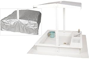 WONDERMAKE® Designer Sandpit with Mud Kitchen, Roof, Oxford 420D Cover, Non-Woven Film, Sandpit Wood, Square, Lockable, Outdoor Garden for Children, White / Silver