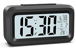 ‎HOMVILLA HOMVILLA Wecker Digital Batteriebetrieben mit Temperaturanzeige Große LCD Display, Schlummerfunktion, Datum, Nachtmodus, Hintergrundbeleuchtung Wecker Laut für Tiefschläfer Schwarz