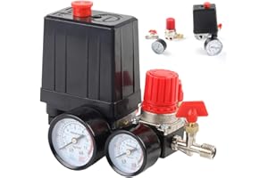 DAJASD Compressore d'aria, 1/4" Regolatore Pressione Compressore, Pressostato compressore con valvola di sicurezza e manometro, Regolatore di Pressione per Compressore,120 PSI, rulli da 5 a 8 bar