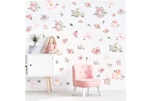 KAIRNE 56 Pezzi Adesivo murale fiori rosa,acquerello Rose Fiore Adesivi da Parete per Stanza Delle Ragazze,Romantico Peonia Fiore Sticker Murali per Camerette Bambini Soggiorno Asilo Nido Festa Decorazioni