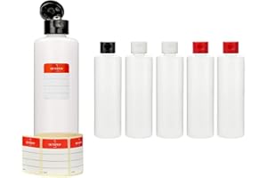 Octopus butelki z tworzywa sztucznego, 6 x 250 ml, butelki plastikowe HDPE z kolorowym zamknięciem składanym, puste butelki z kolorowymi zawiasami, okrągłe butelki z 6 etykietami