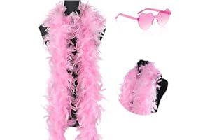 Sudwasi Feather Boa and Glasses, 2m Turkey Feather Boas with Heart Rimless Sunglasses, Pink Feather Boa and Heart Glasses for Dancing Wedding Party Cosplay