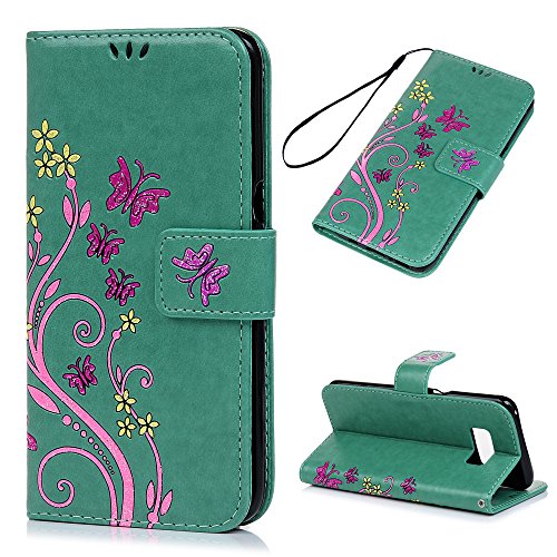 Lanveni Samsung Galaxy S8 Hülle, Handyhülle für Samsung Galaxy S8 Flip Case Cover PU Lederhülle Schutzhülle Magnetverschluss Ledertasche mit Stander Function Brieftasche Card Slot Handy Tasche mit Bunte Schmetterling Cover Design (Mintgrün)+ 1 x Stylus Pen + 1 x Staubdichte Stecker - 2