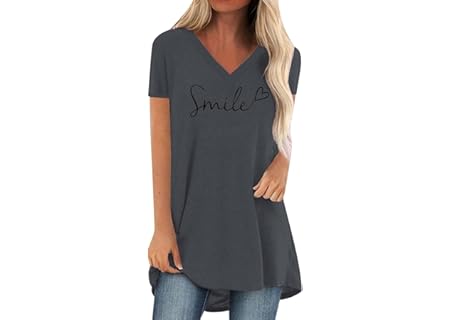 T-shirt damer v-ringad lång skjorta kortärmad löst sittande t-shirt tunika enfärgad baströja lång bl - Amazon Deal & Rabatt