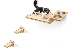 FUKUMARU Étagères Murales pour Chat avec 2 Marches, Station de Nourriture et Perchoir en Bois de Caoutchouc Solide