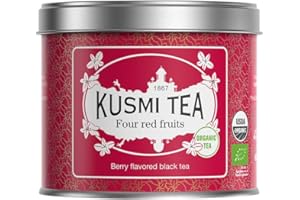 ‎KUSMI TEA Kusmi Tea - Four Red Fruits - Organiczna czarna herbata aromatyzowana truskawką, maliną, czerwoną porzeczką i wiśnią - Metalowa puszka 100 g - Ilość na około 50 filiżanek
