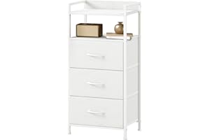 Somdot Chest of Drawers for Bedroom with 3 Drawers, Bedside Storage Cabinet End Table, Storage Unit with Fabric Drawers for Closet Living Room Nursery Hallway, White Leather