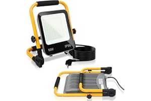 ‎IZRIELAR Izrielar LED Baustrahler, 50W 5100LM Arbeitsleuchte LED Fluter, Austellenlampe Strahler, IP66 Wasserdicht, Tragbar Arbeitsscheinwerfer 6000K Kaltweiß Baulampe Werkstatt, 3M Kabel, Faltbarer Ständer