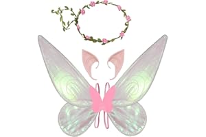 Euakee Ailes de Fée Filles, Ailes d'ange pour Enfant Fille, Ailes De Papillon pour Petite, Oreilles Elfe Couronne Fleur Cheveux Costume pour Halloween Carnaval Noël Fête Anniversaire Cosplay (Rose)