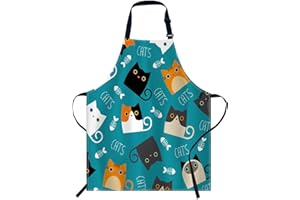 Smooffly Cute Cats with Fish Bone Apron,Adjustable Neck Bib Apron for Men Women,Suitable for Kitchen Cooking Waitress Chef Apron