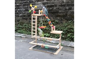 CONDINGGEN Wooden Bird Playstand & Gym - Parrot Playpen With Ladder, Swings, Windmill & Stainless Steel Tray - Large Perches for Parakeets, Cockatiel & Lovebirds